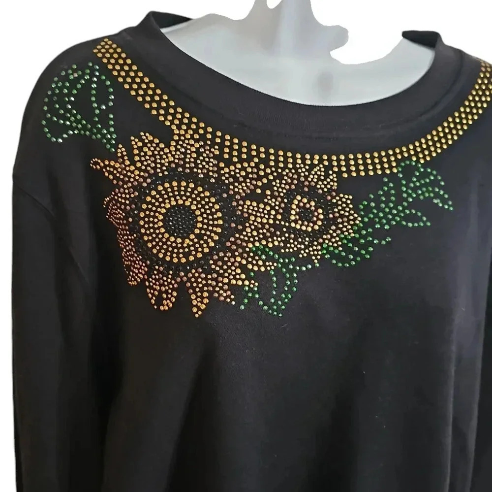 BonWorth Women’s L Black Sunflower Rhinestone Sweatshirt Retro Cottagecore Layer - Picture 3 of 7